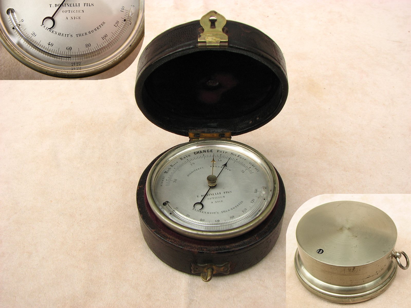 19th century Holosteric pocket barometer with thermometer signed T.Doninelli 
